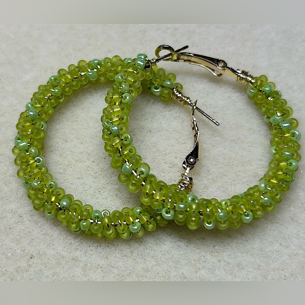 Hand-Beaded 1 1/2” Green Hoop Earrings NWOT